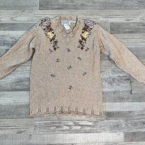 Jantzen vintage floral embroidered sweater scallop hem medium cottagecore H35